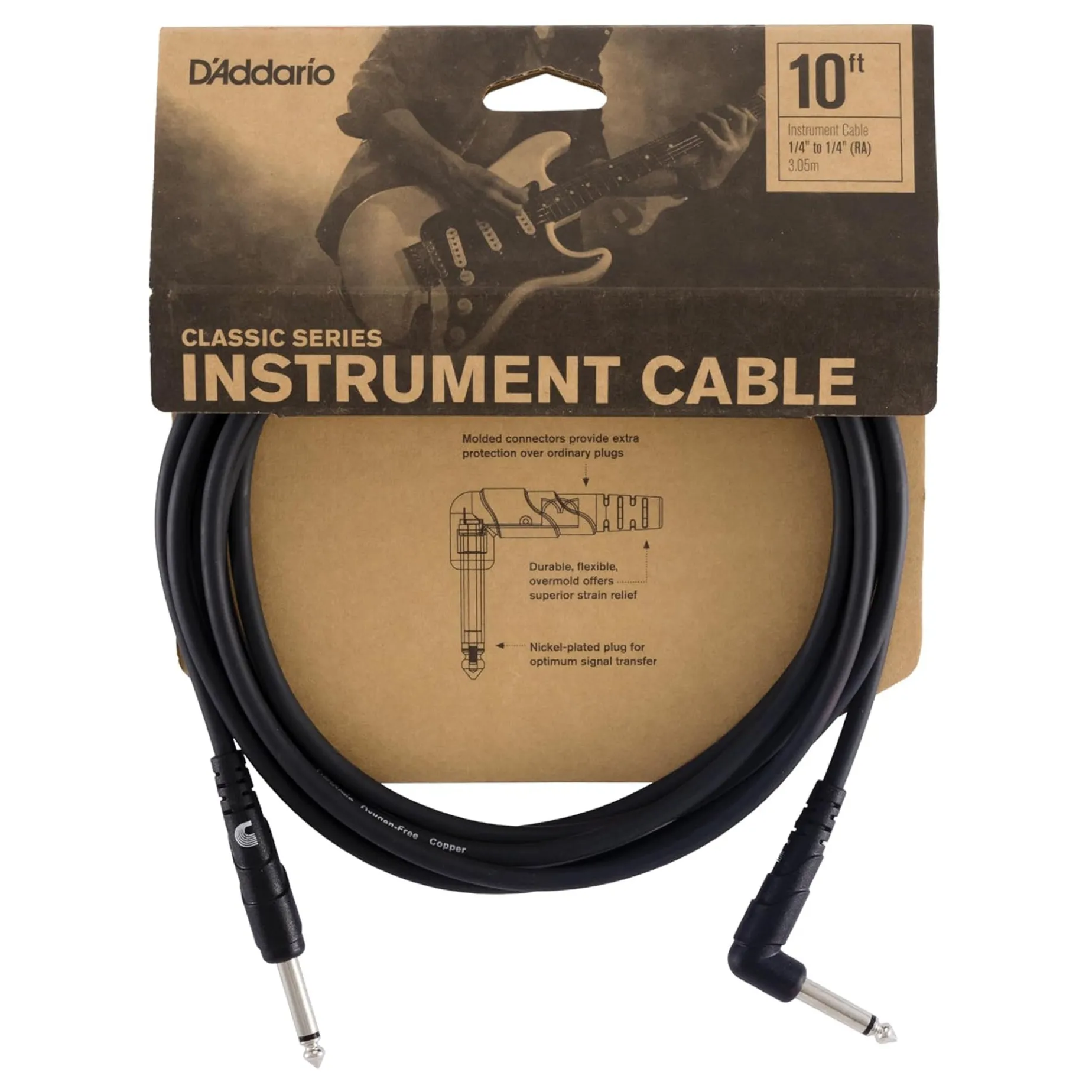 D'Addario Classic Series 1/4" Right Angle Instrument Cable 10'