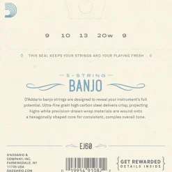 D'Addario EJ60 Nickel Wound 5-String Banjo String Set, Light