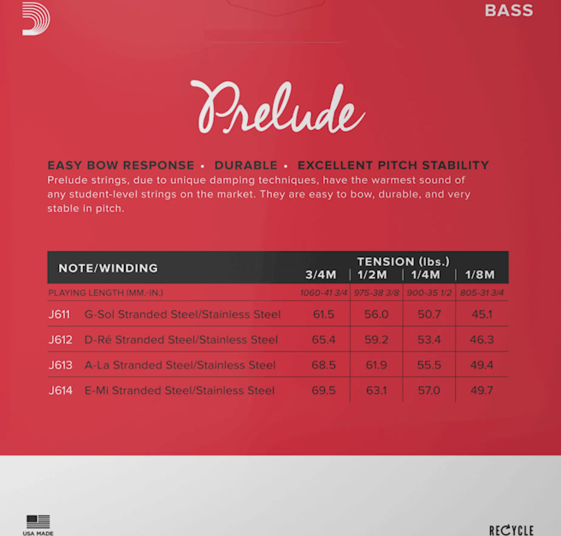 D'Addario Prelude Bass String Set, Medium Tension